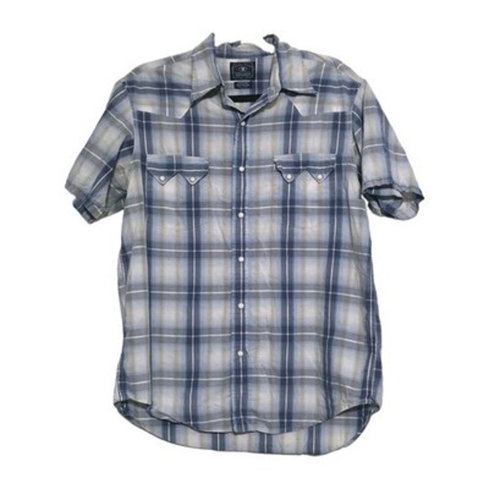 Vtg Lucky Brand Dungarees Western Pearl Snap Shirt Men M Blue Plaid USA Gorpcore